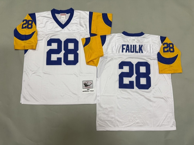 Men 2025 Los Angeles Rams 28 Faulk white Throwback Limited NFL Jersey style 001